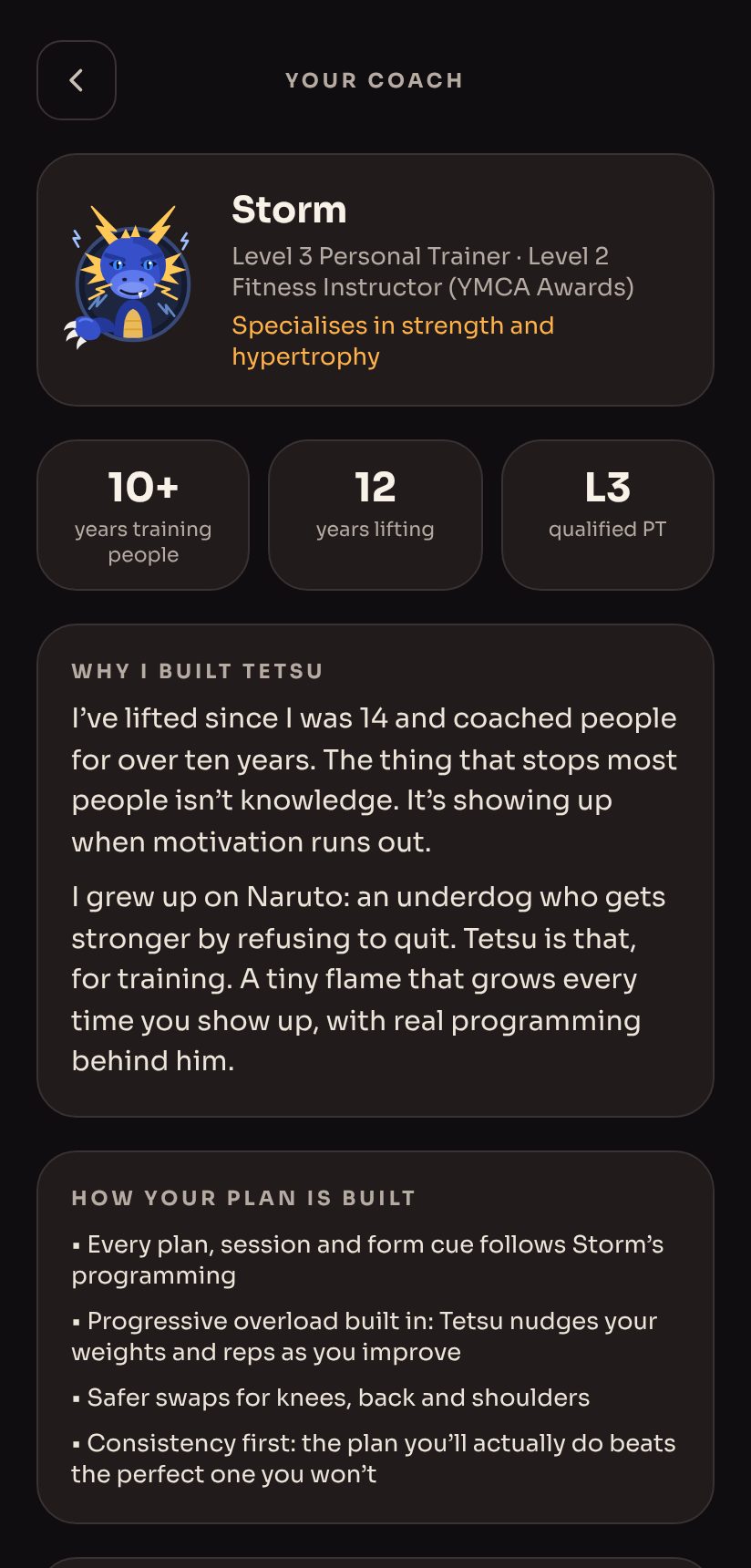 Storm's coach page showing qualifications