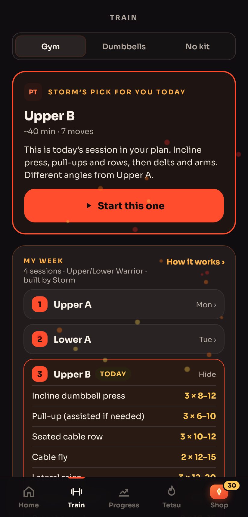 Tetsu's Train screen showing today's session, Upper B, picked by Storm